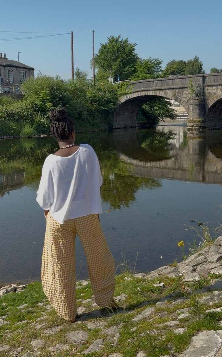 Tama Gingham Barrel Trousers In Mustard White One Size Fits Size 8-18