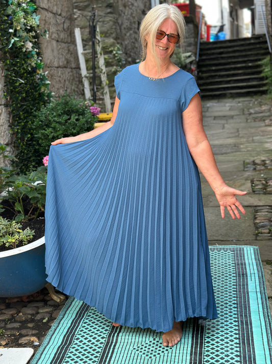 Stunning Denim Long Atouke Pleated Dress Fits Size 12-24