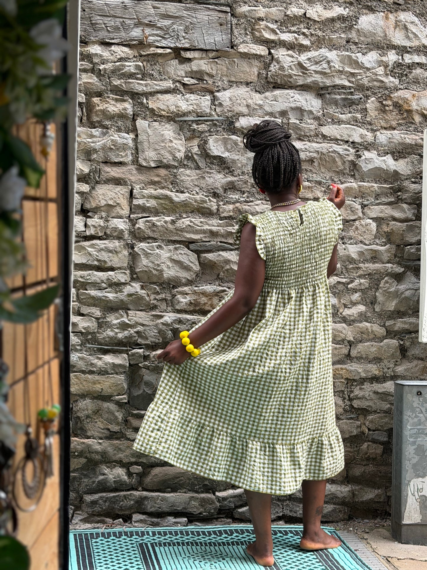 Tama Collection Gingham Shirred Bust Pocket Dress Fit Size 10-20 In Olive Green