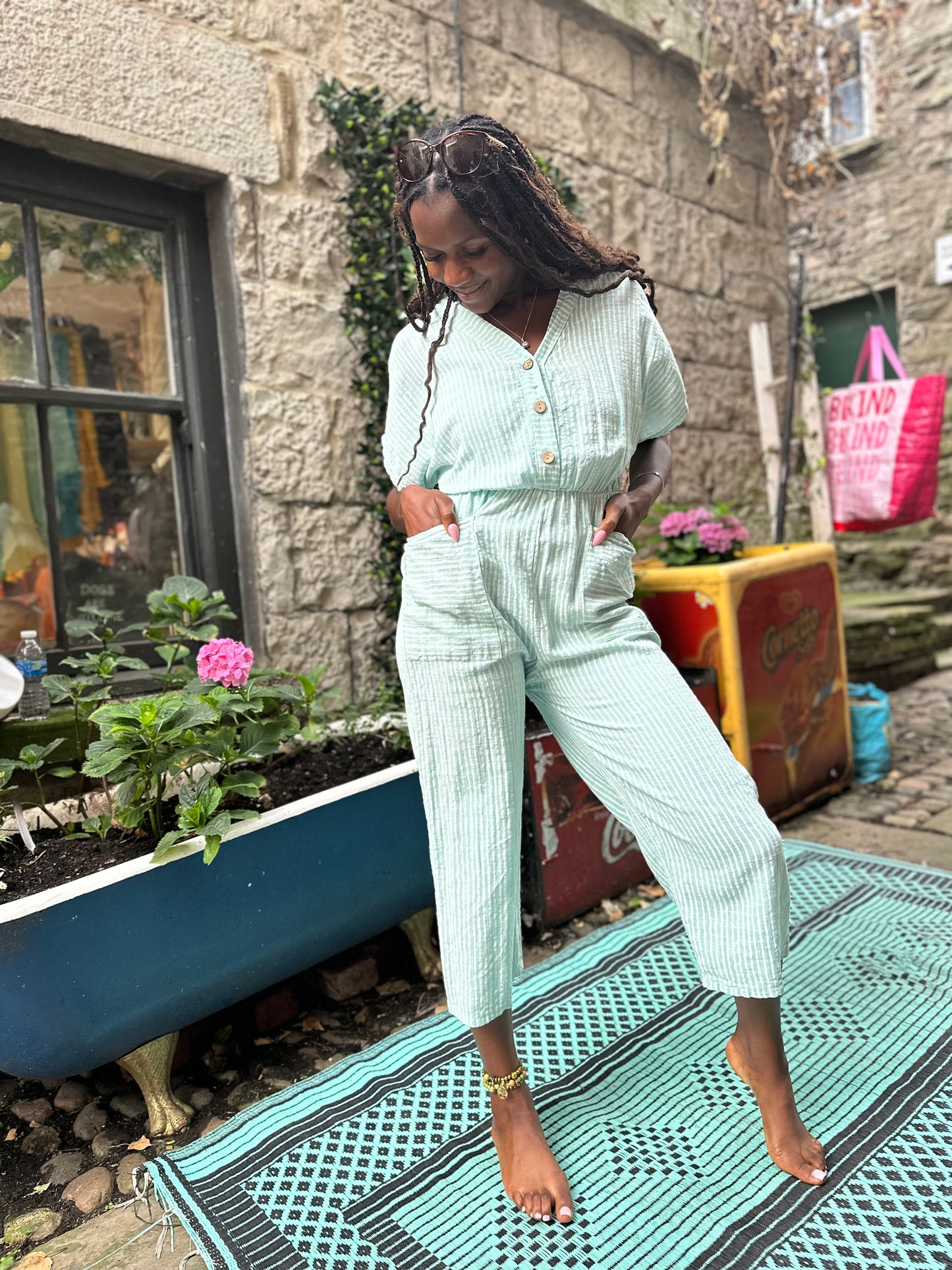 Aqua Green/White Striped Ojo Jumpsuit One Size Fits Size 6-14