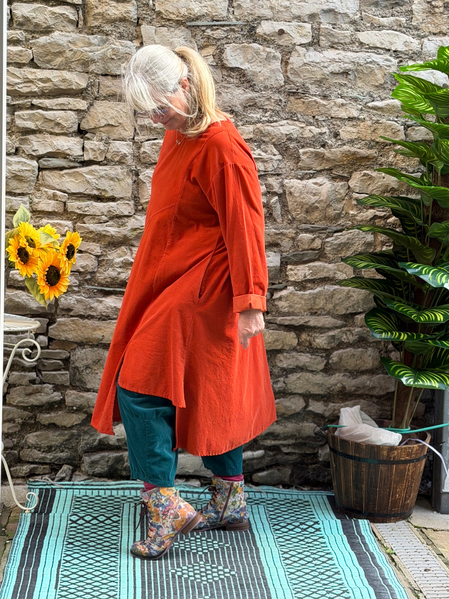 Lagenlook Stunning Orange Cord Two Pockets Dress High-Low Hemline One Size Fits Size 10-18