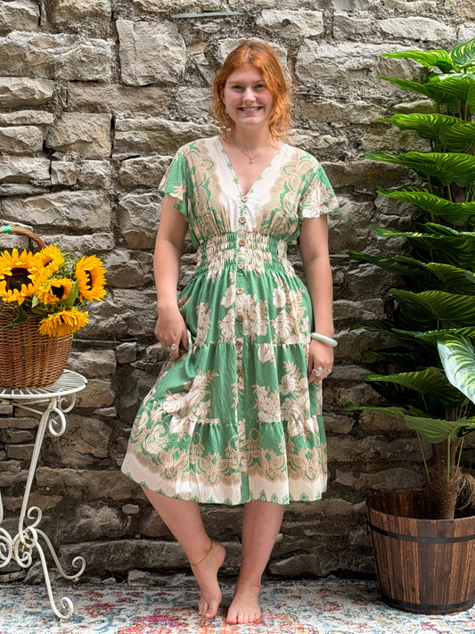 Stunning Printed Atta Dress In MIDI Length Fits Size 8-20 in Green