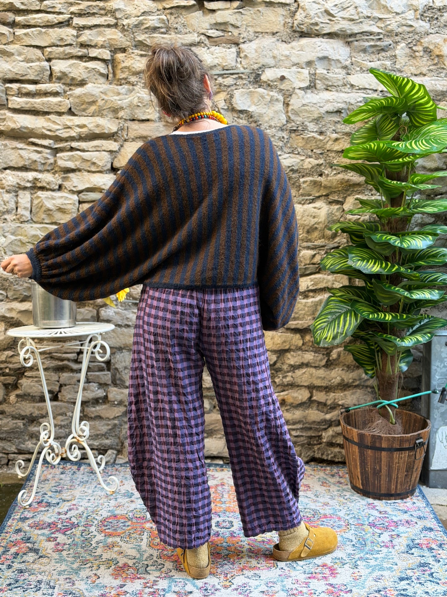 Stunning Kiwaza Striped Jumper With Puff Sleeves In Brown and Deep Blue