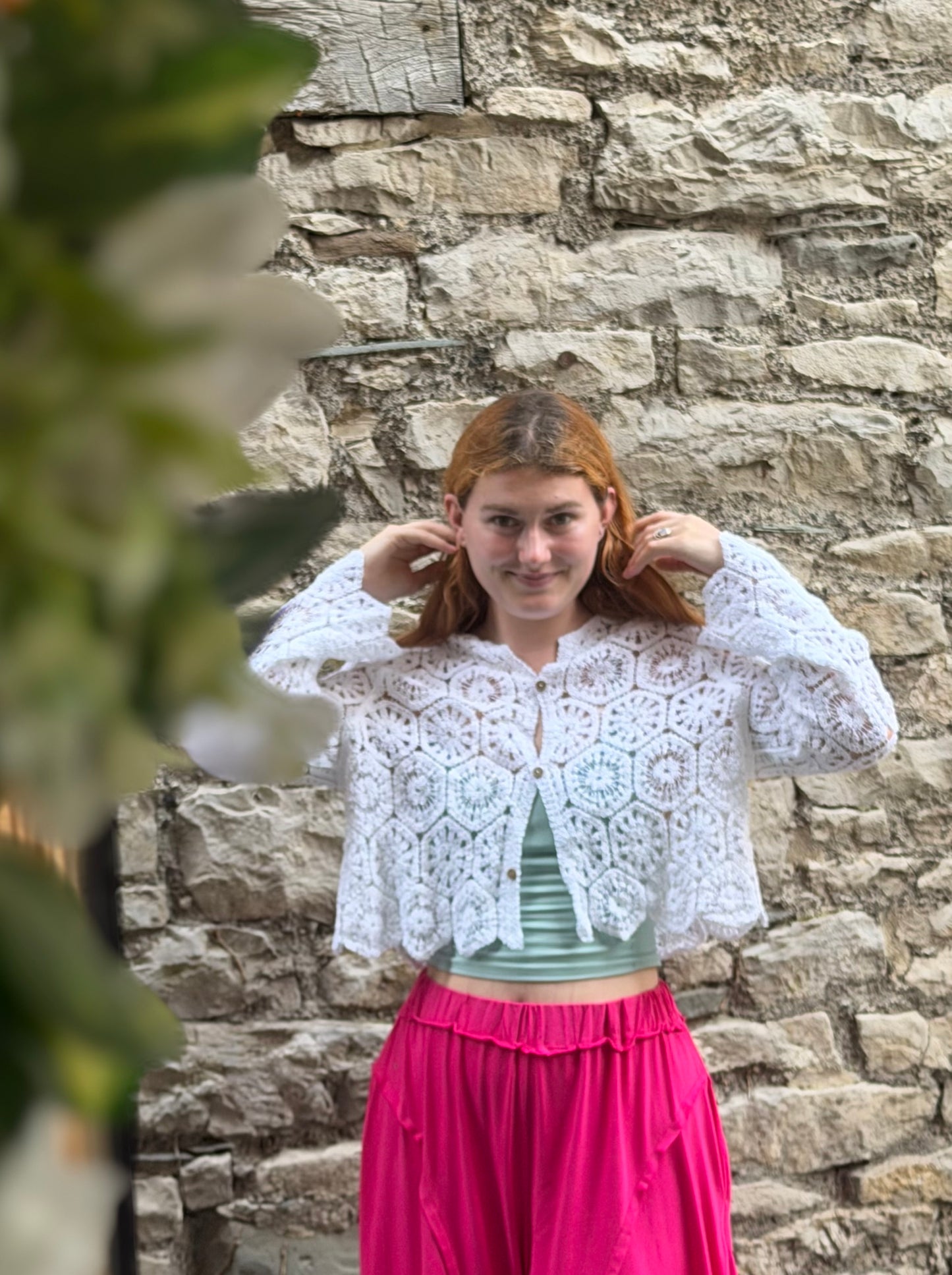 Amoki Crochet long sleeve button up top One Size Fits 6-16 in White