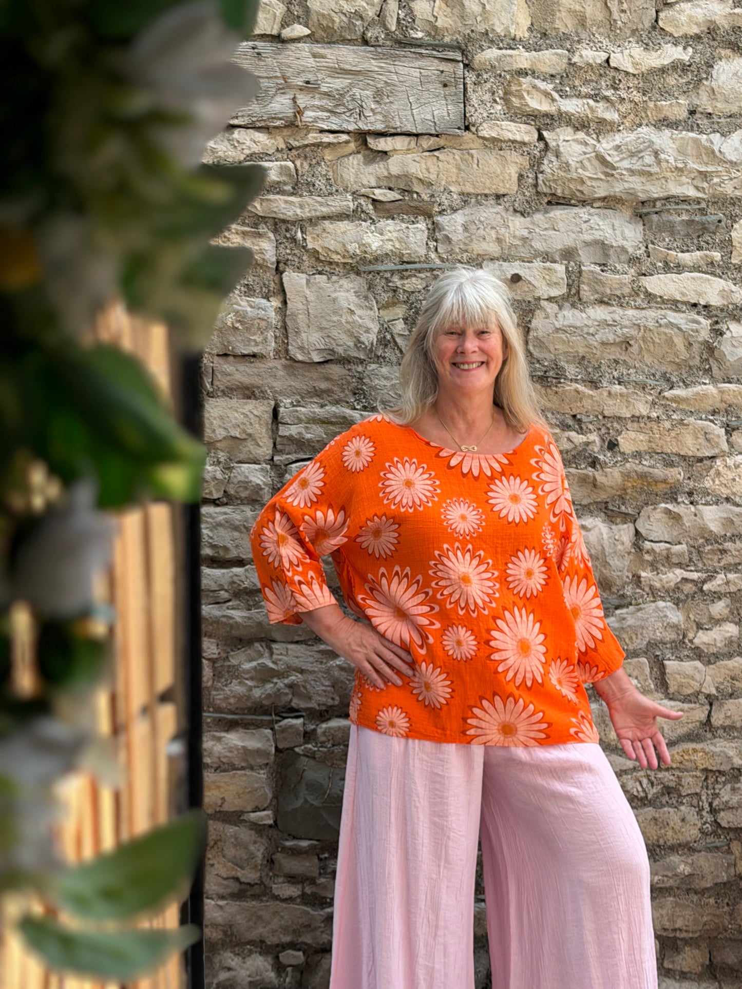 Cotton top one size fits 8-18 in orange daisy print