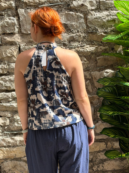 Halter neck sleeveless blouse one size fits 8-14 in blue print