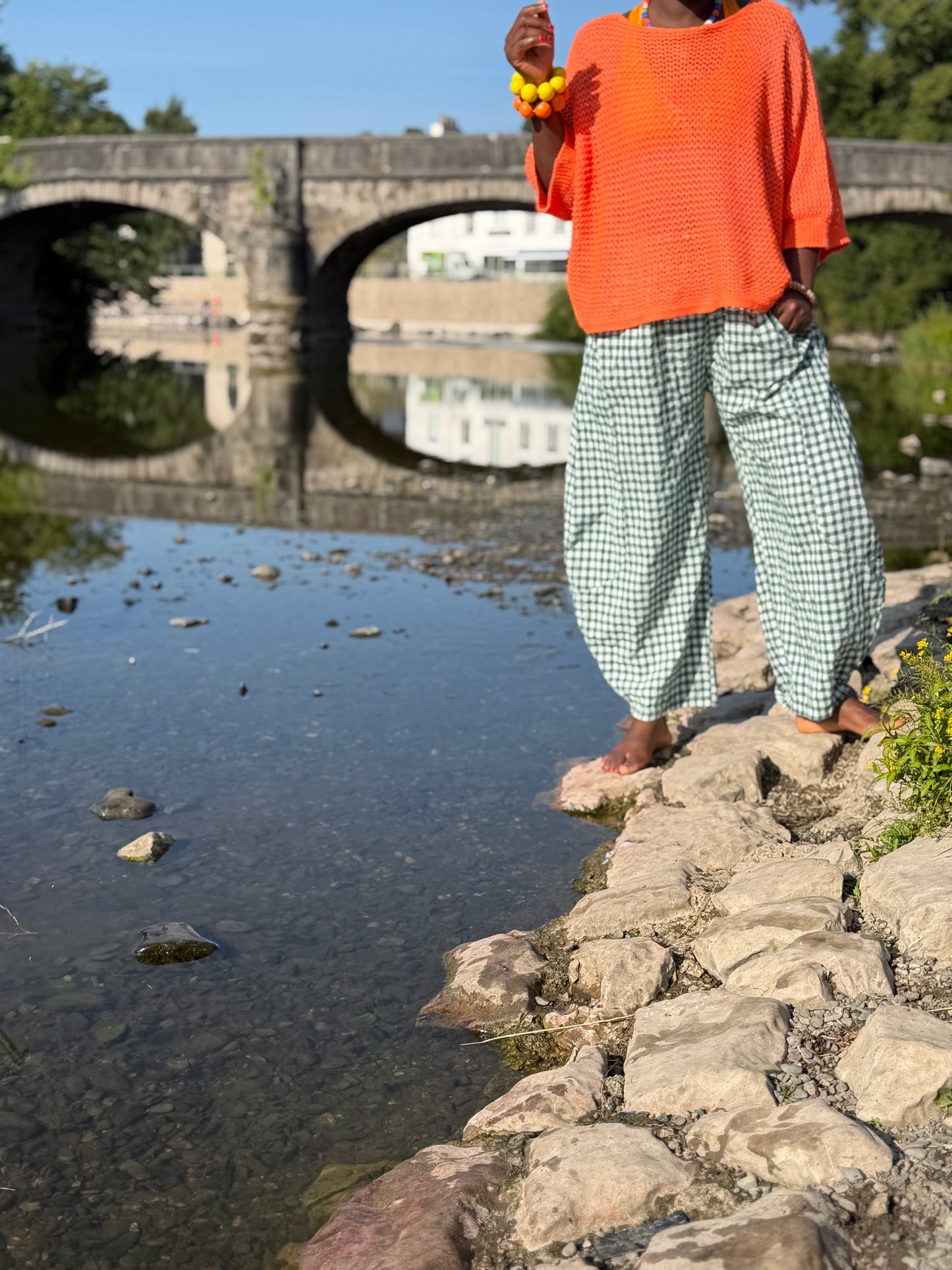 Tama Gingham Barrel Trousers In Bottle Green/White One Size Fits Size 8-18