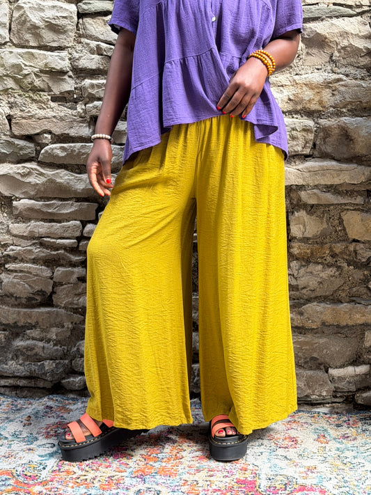 Amoki ruched waist Crinkle Fully Elasticated Floaty Trousers One Fit Size 8-22 in mustard yellow