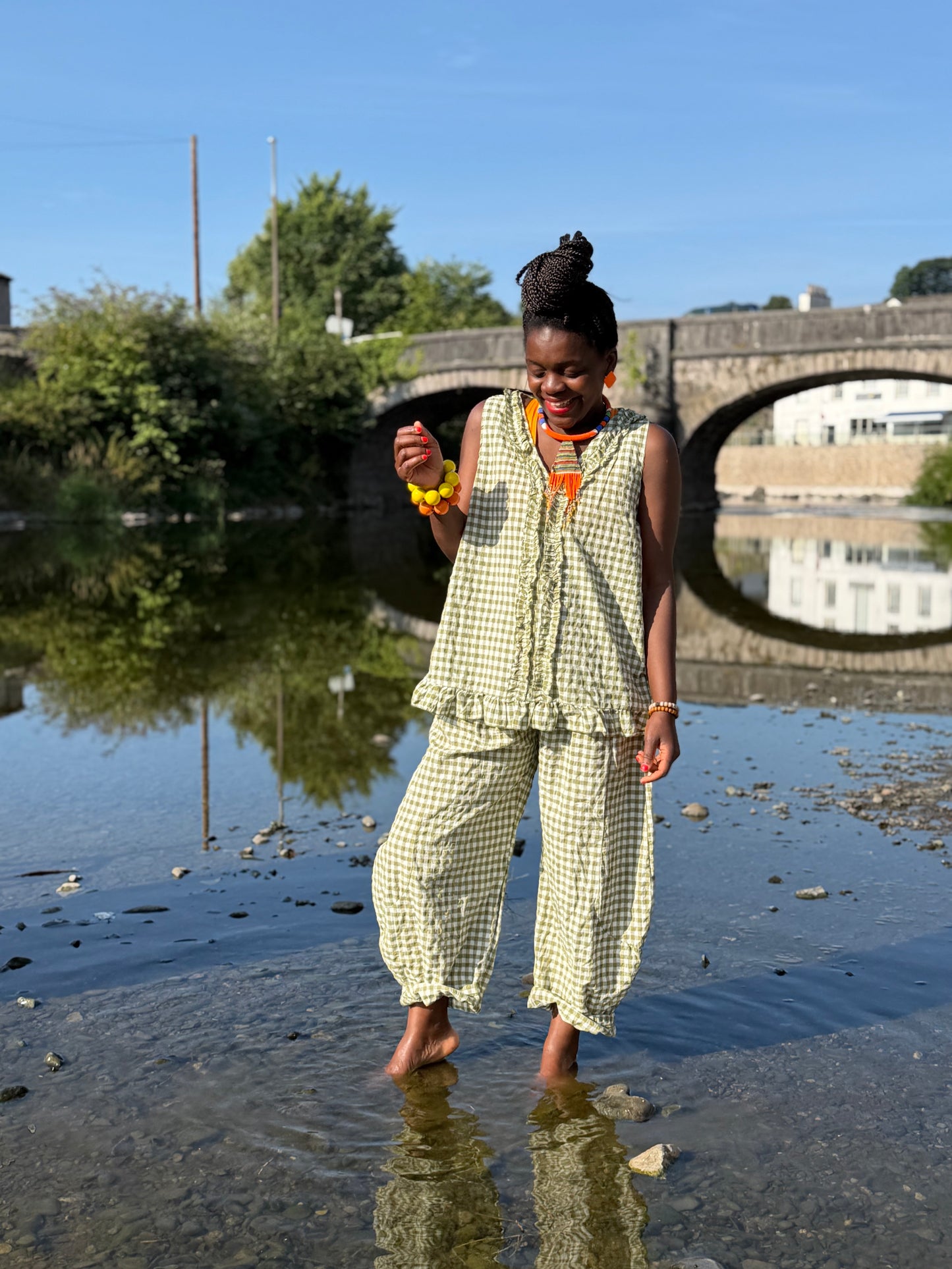 Tama Gingham Barrel Trousers In Olive/White One Size Fits Size 8-18
