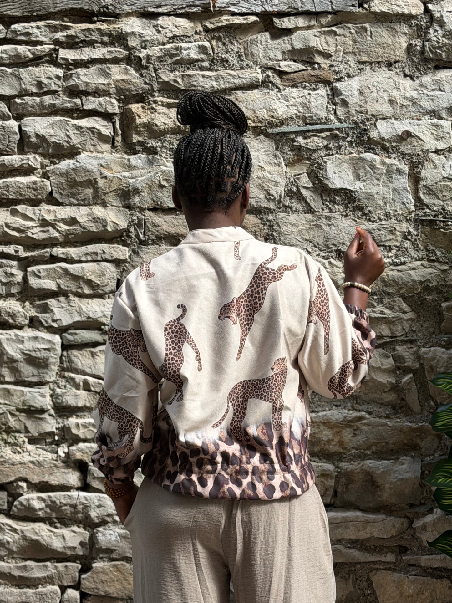 Affih bomber jacket one size fits 8-16 in beige cheetah print