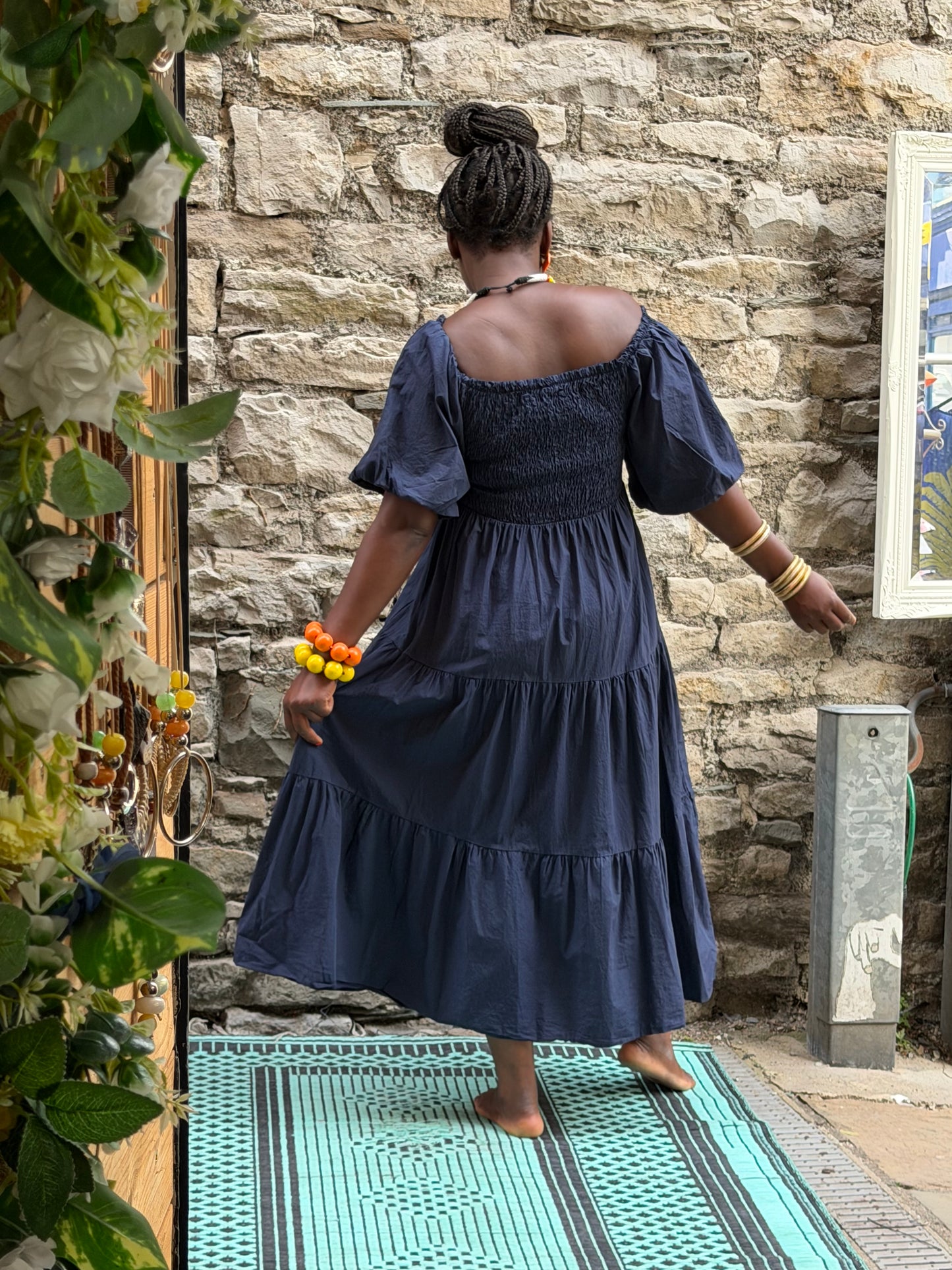 Stunning Navy Blue Shirred Bust Dress Fit Size 10-20
