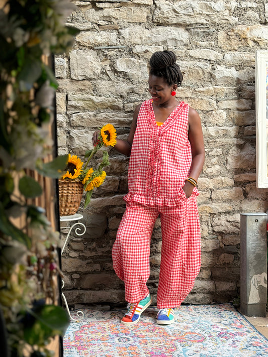 Tama Gingham Barrel Set Top And Trousers In tomato red One Size Fits Size 8-18