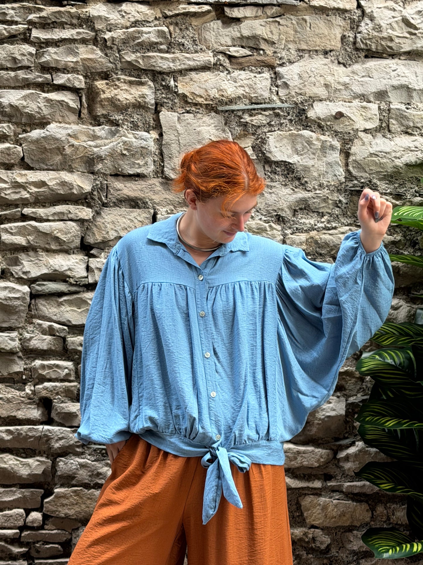 Oversize batwing shirt with tie hem detail one size fits 8-20 in light blue