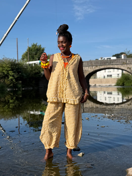 Tama Gingham Barrel Set Top And Trousers In Mustard One Size Fits Size 8-18