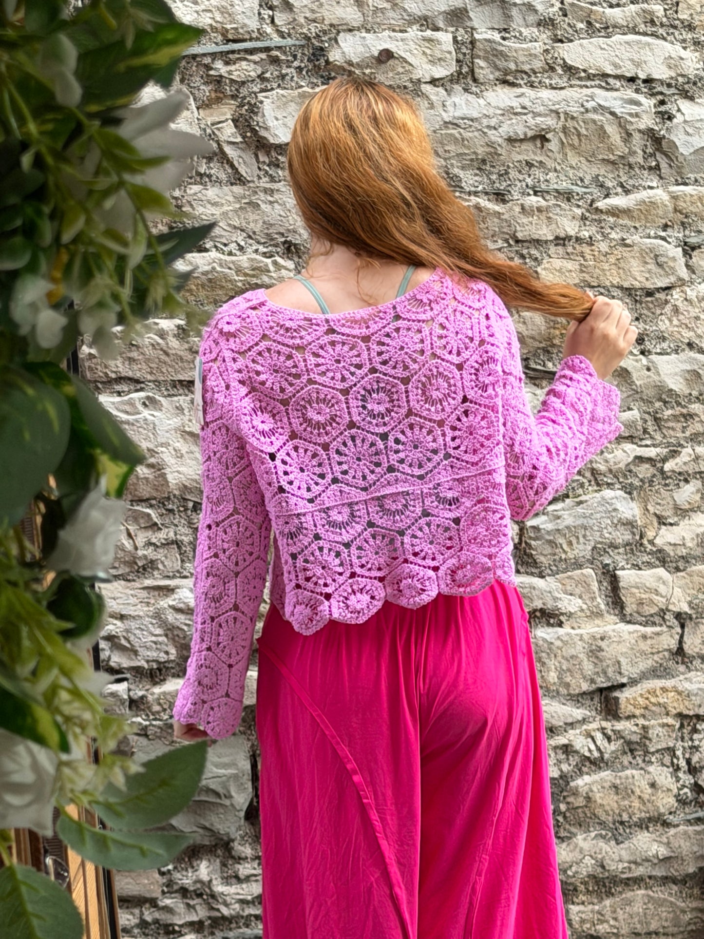 Amoki Crochet long sleeve button up top One Size Fits 6-16 in Light Pink