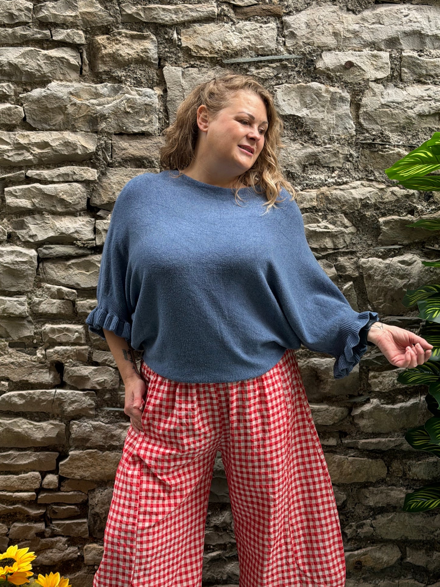 Stunning Denim Blue Ajou knitted Bateau Neckline Short Sleeve Jumper Size 8-18