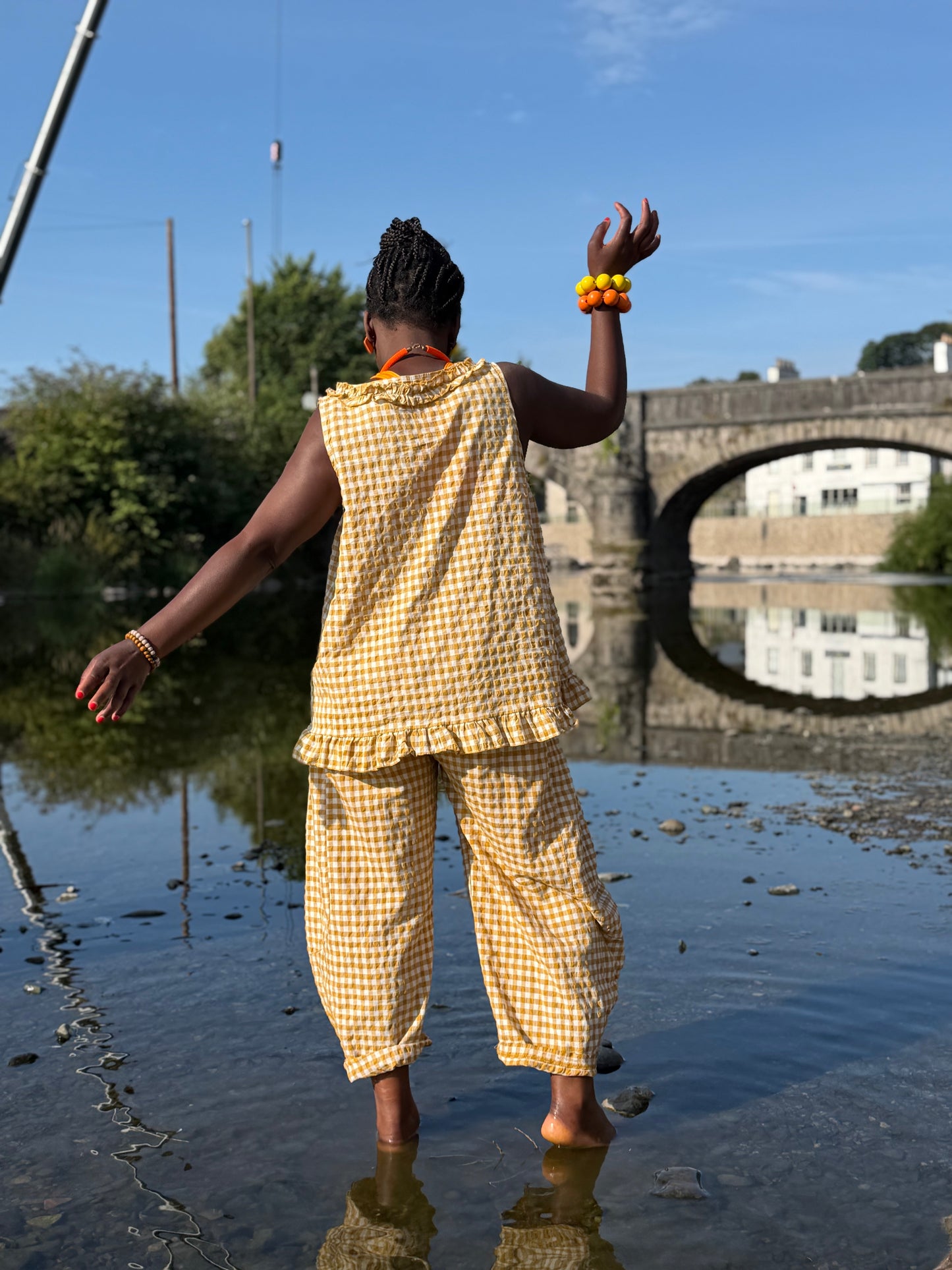 Tama Gingham Barrel Set Top And Trousers In Mustard One Size Fits Size 8-18