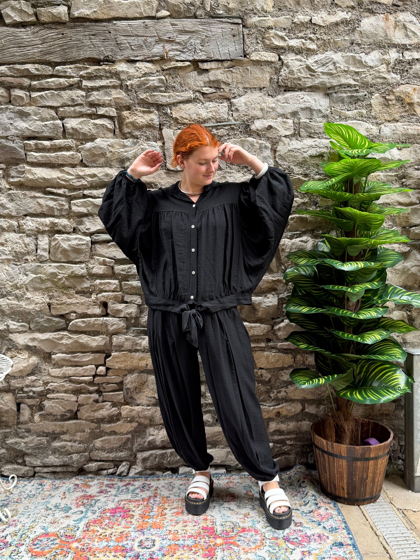 Oversize batwing shirt with tie hem detail one size fits 8-20 in black