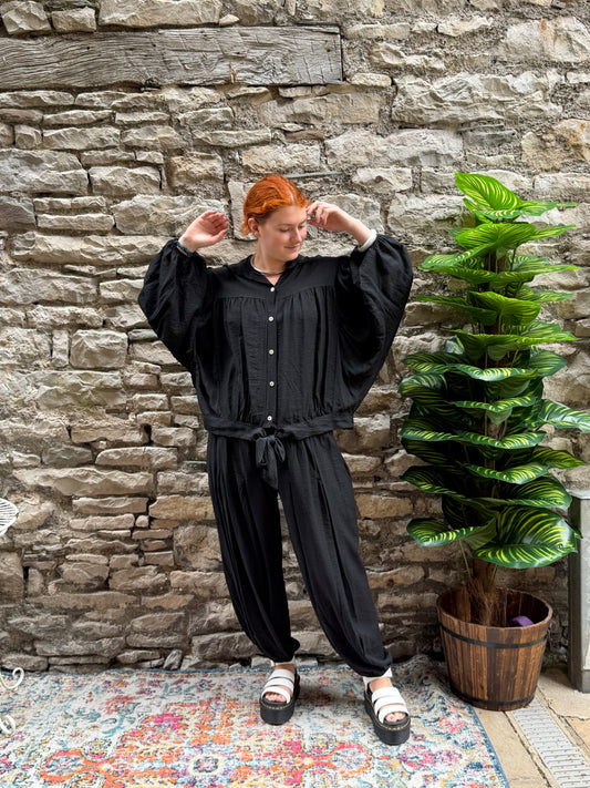Oversize batwing shirt with tie hem detail one size fits 8-20 in black