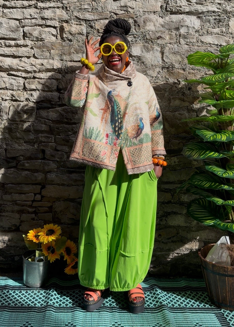 The Stunning Akeya Boucle Knot Jacket One Size 10-16 Peacock Print 50% Wool