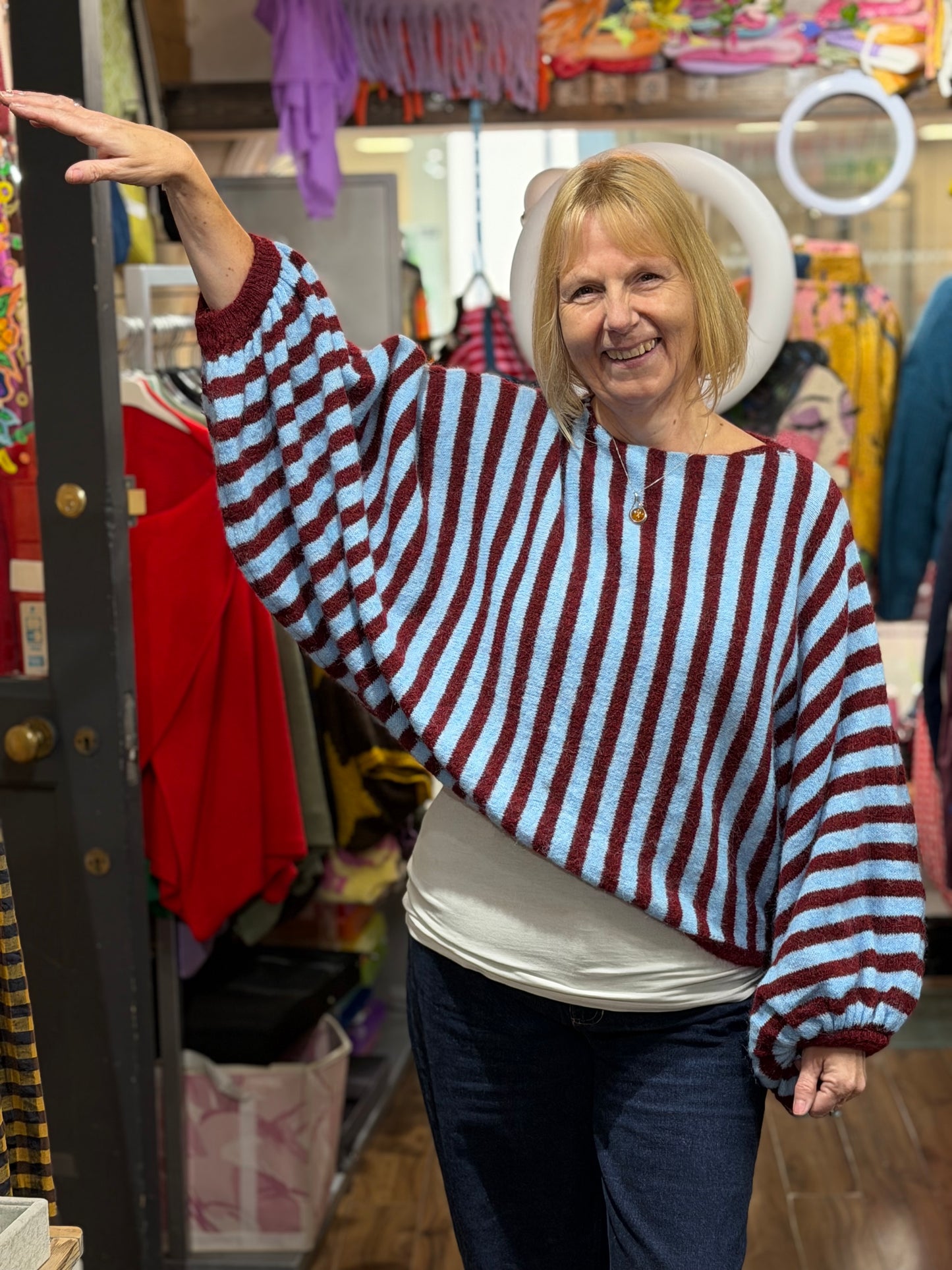 Stunning Kiwa Striped Jumper With Puff Sleeves In Wine Red and Blue