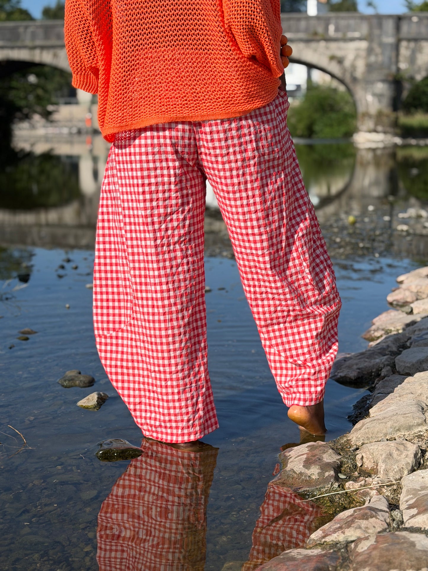 Tama Gingham Barrel Trousers In RED/White One Size Fits Size 8-18