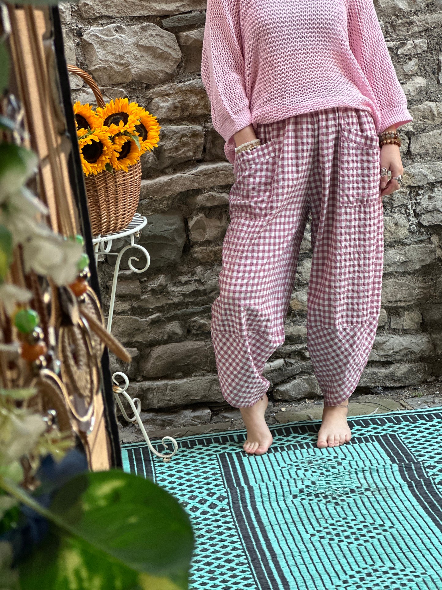 Tama Gingham Barrel Trousers With patch pockets and Lapped Hem In Baby Pink/White One Size Fits Size 8-18