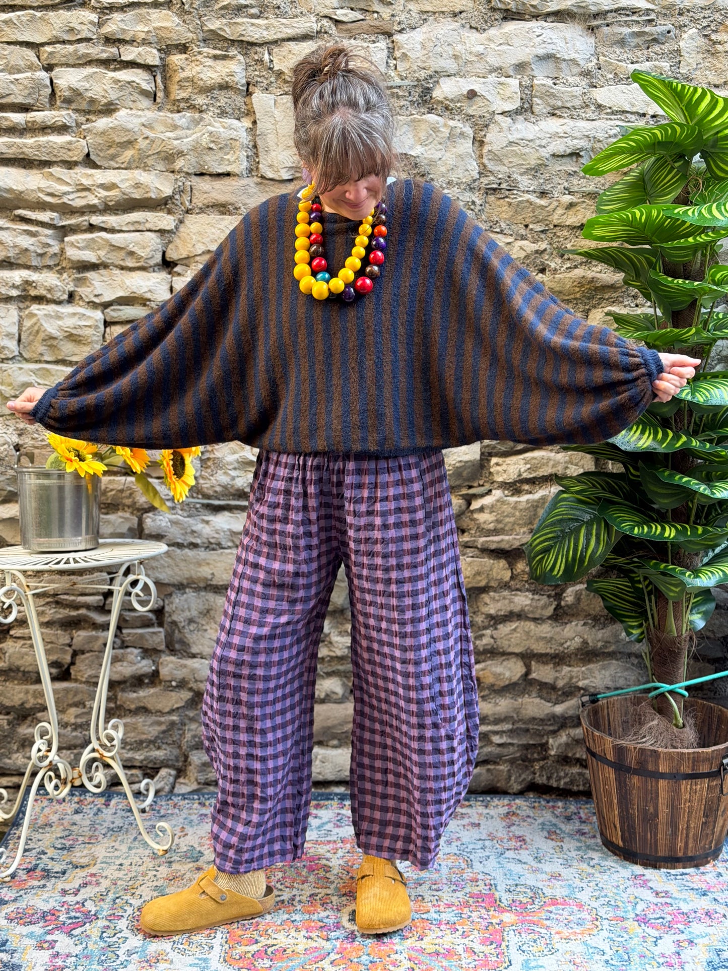 Stunning Kiwaza Striped Jumper With Puff Sleeves In Brown and Deep Blue