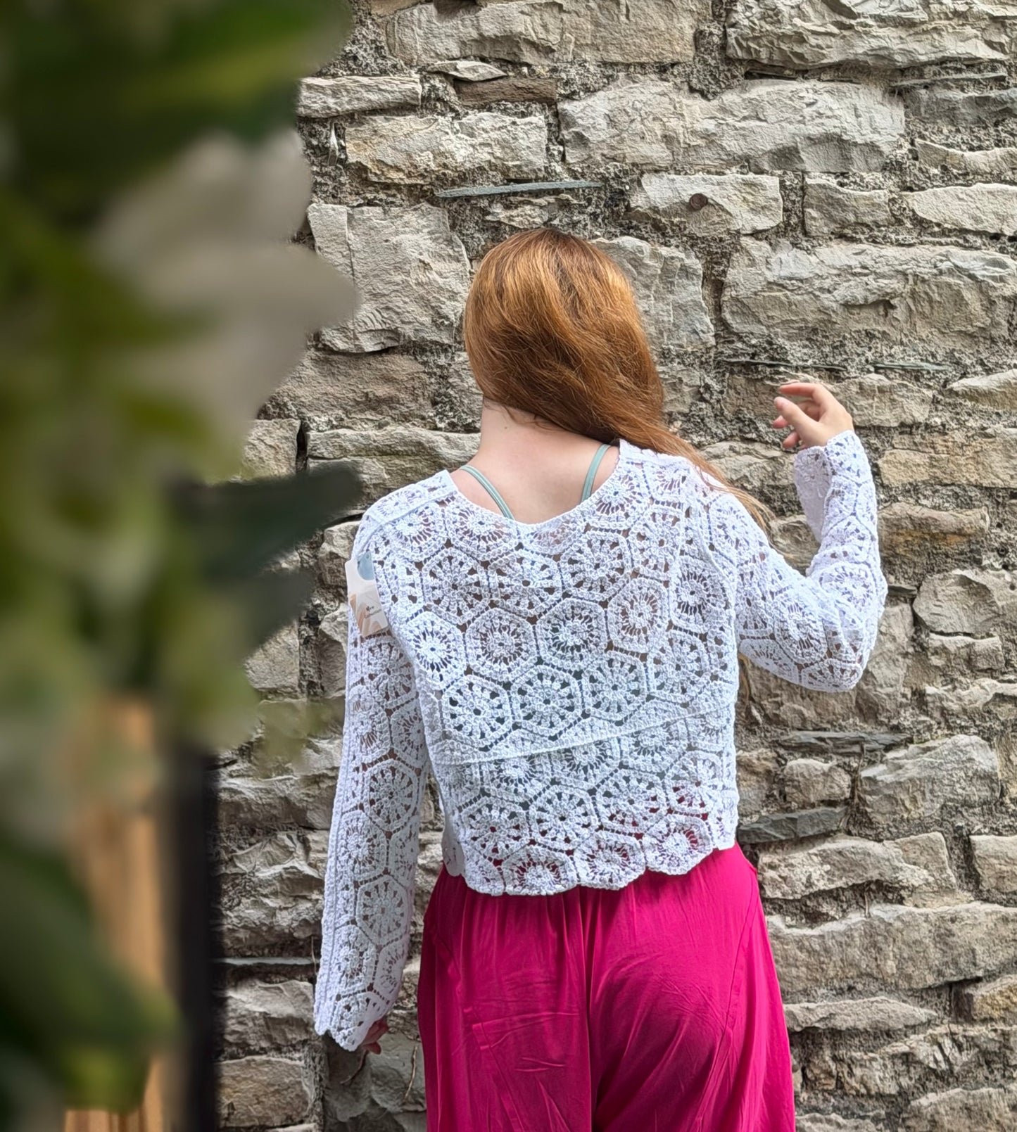 Amoki Crochet long sleeve button up top One Size Fits 6-16 in White
