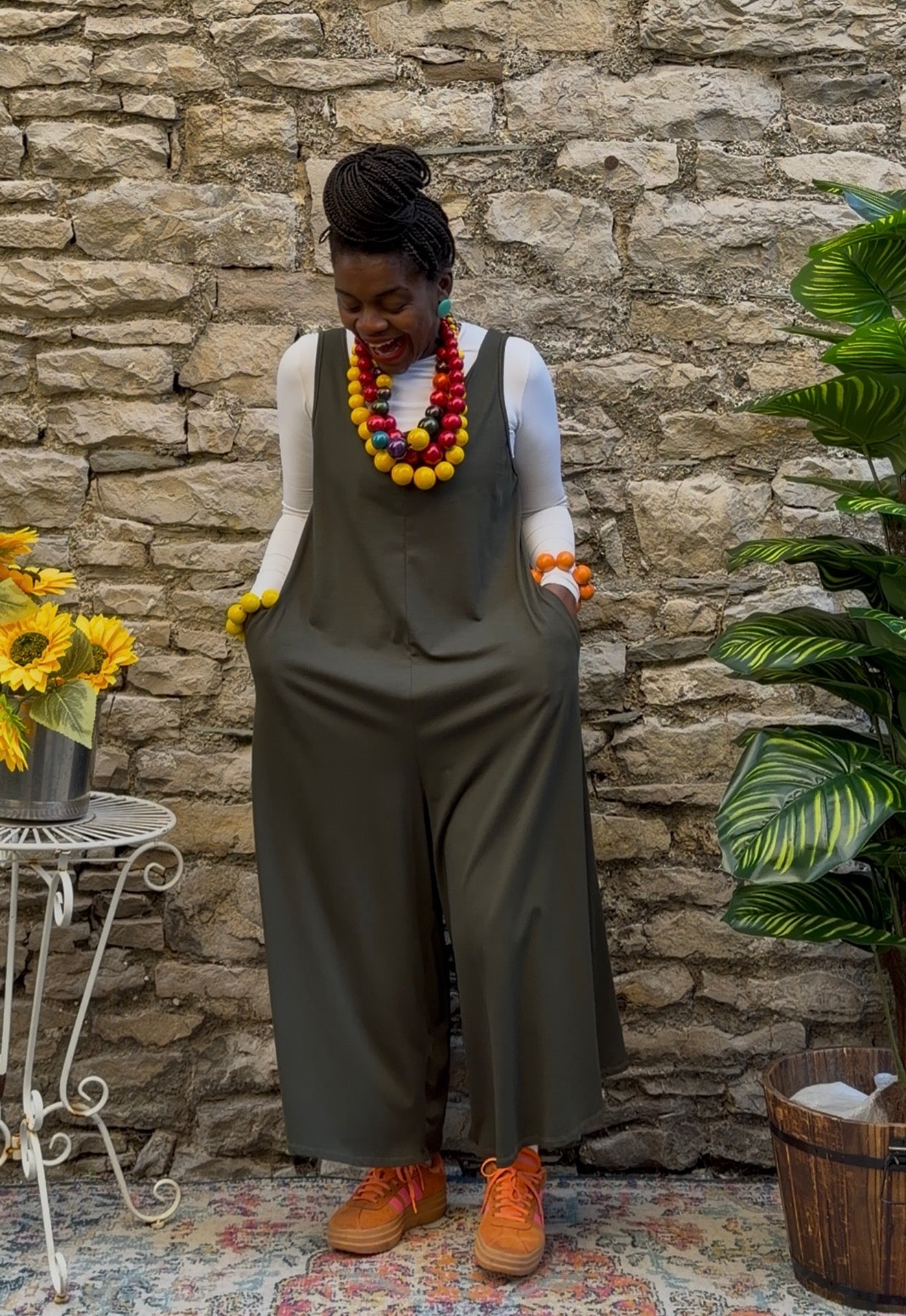 Obbe Sleeveless Wide Leg jumpsuit in one size fits 8-20 in Khaki