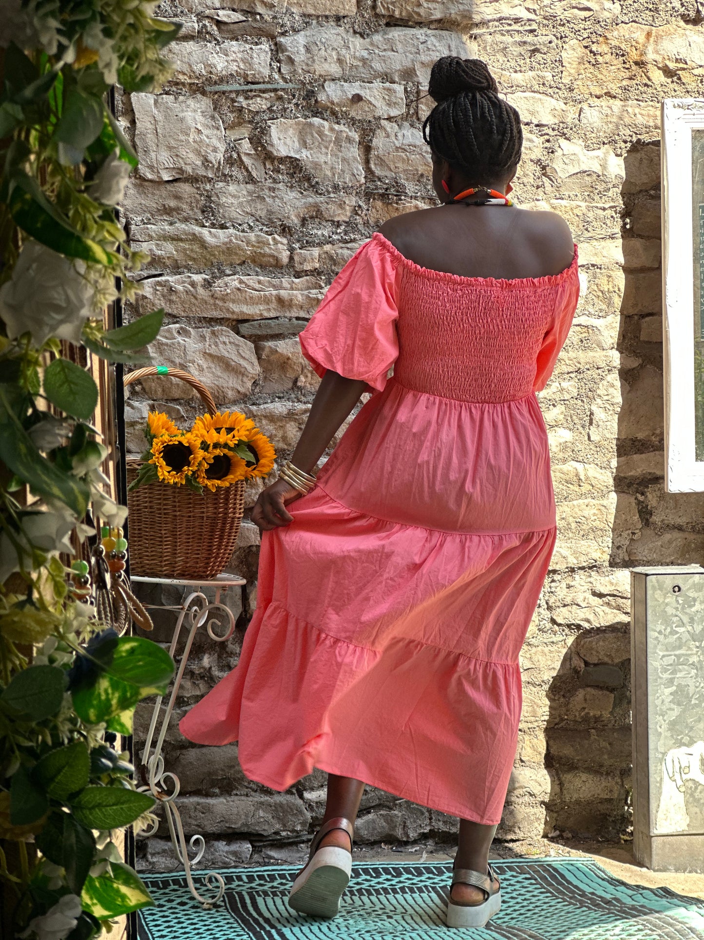Stunning Fatima Shirred Bust Dress Fit Size 10-20 in Coral Pink