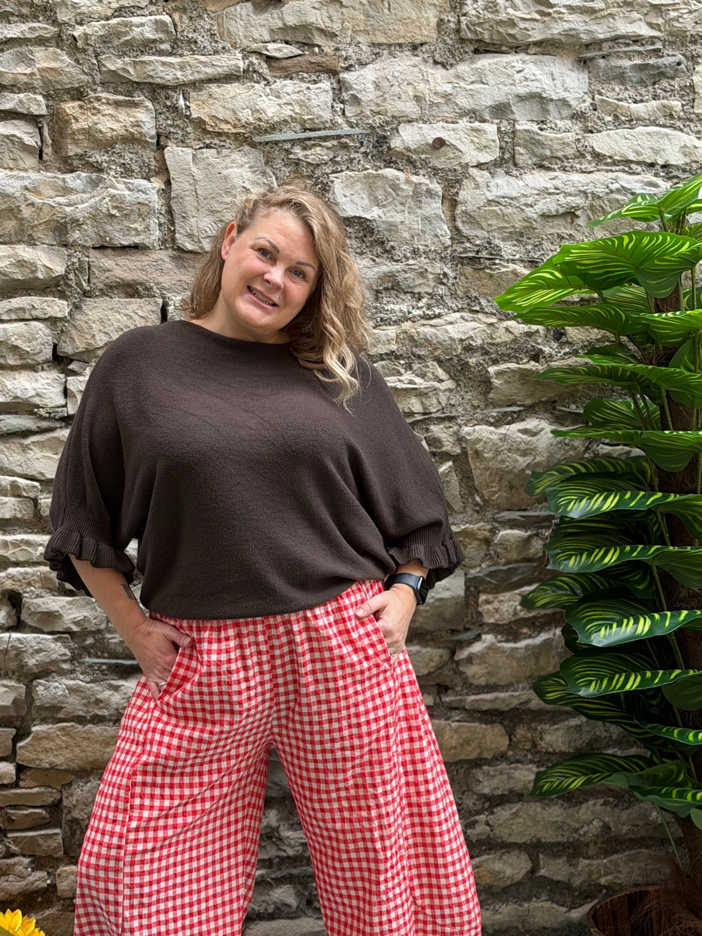 Stunning Bright Chocolate Brown Ajou knitted Bateau Neckline Short Sleeve Jumper Size 8-18
