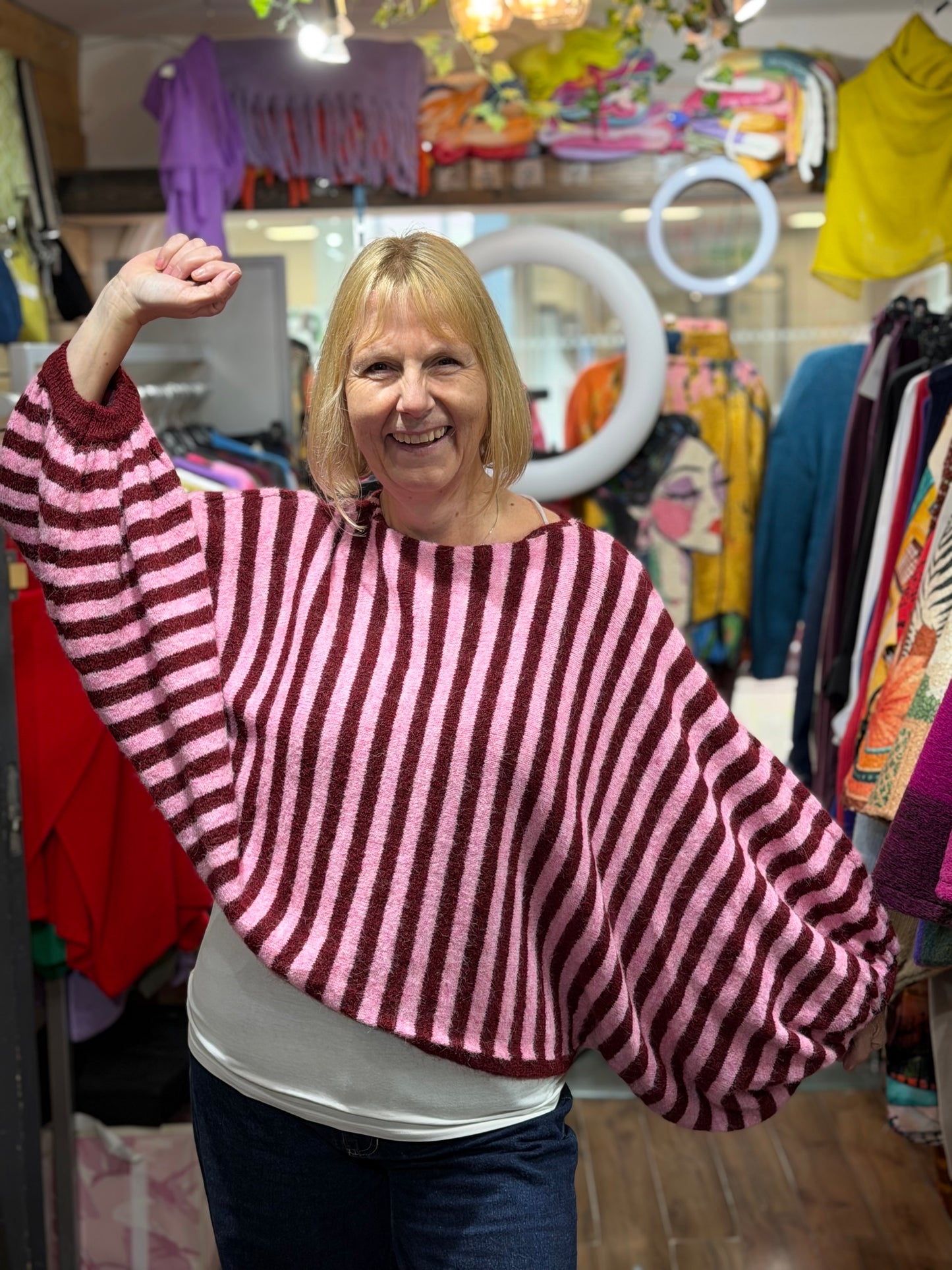 Stunning Kiwa Striped Jumper With Puff Sleeves In Wine Red and Pink