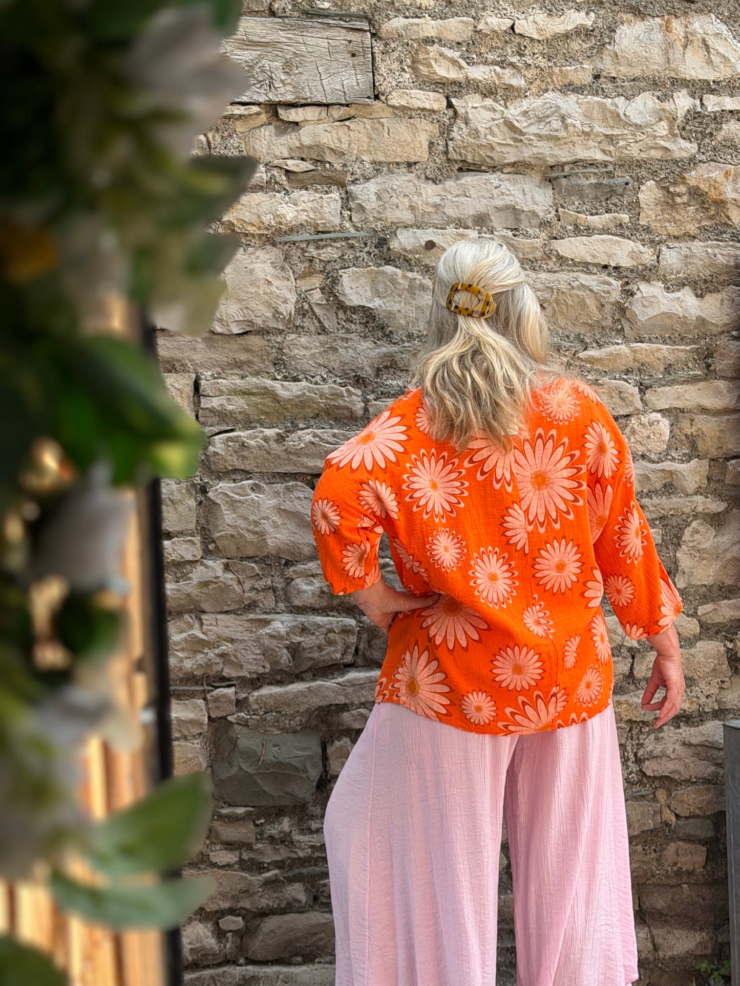 Cotton top one size fits 8-18 in orange daisy print