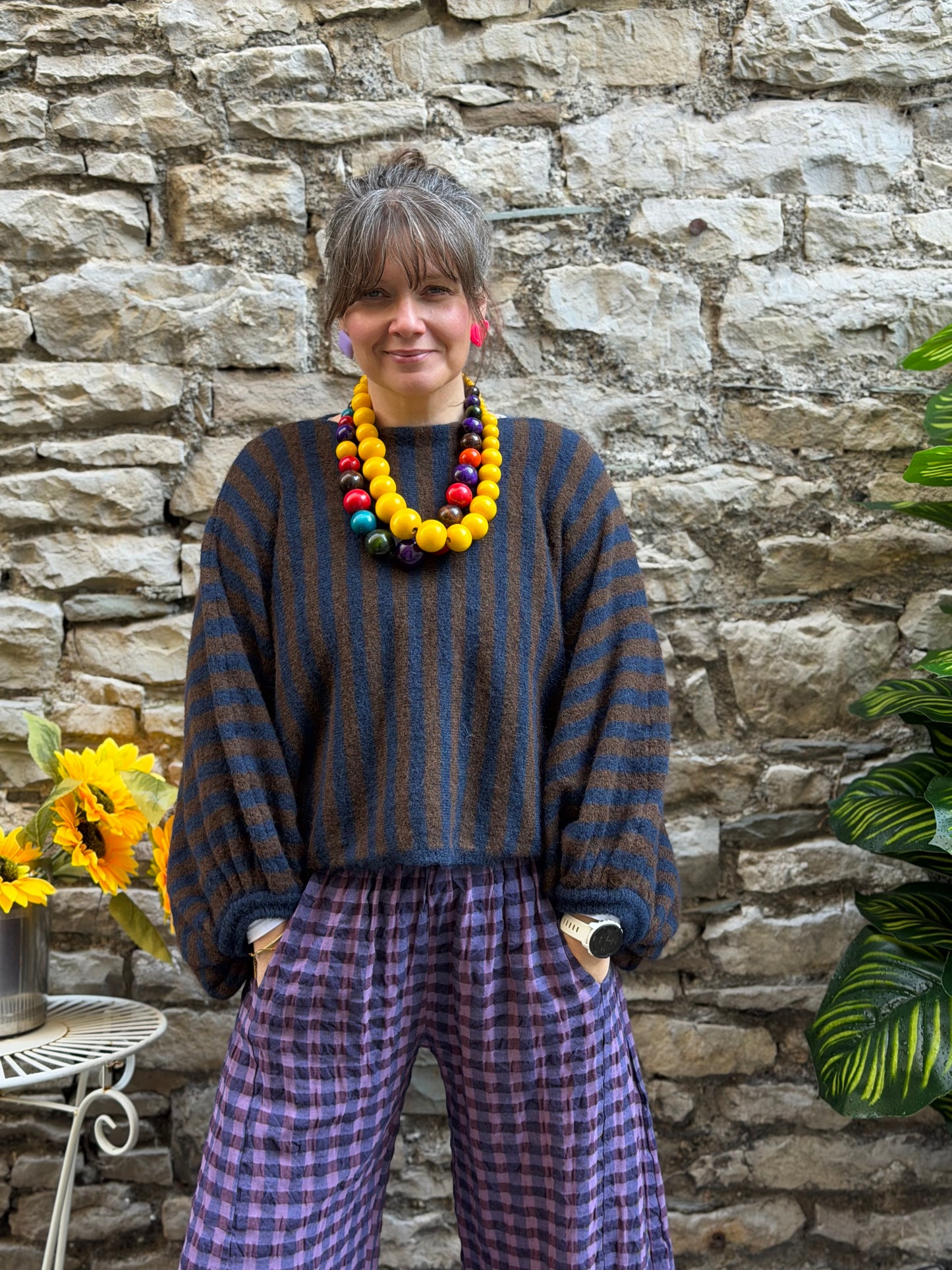 Stunning Kiwaza Striped Jumper With Puff Sleeves In Brown and Deep Blue