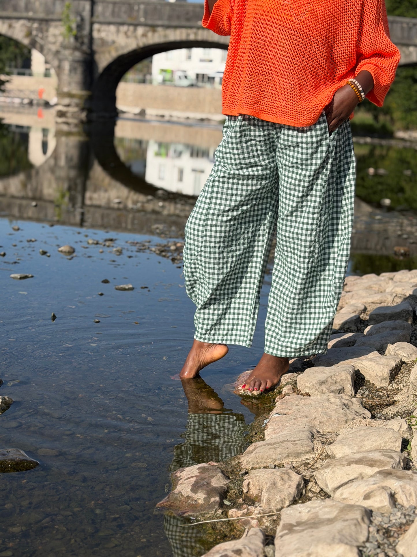 Tama Gingham Barrel Trousers In Bottle Green/White One Size Fits Size 8-18