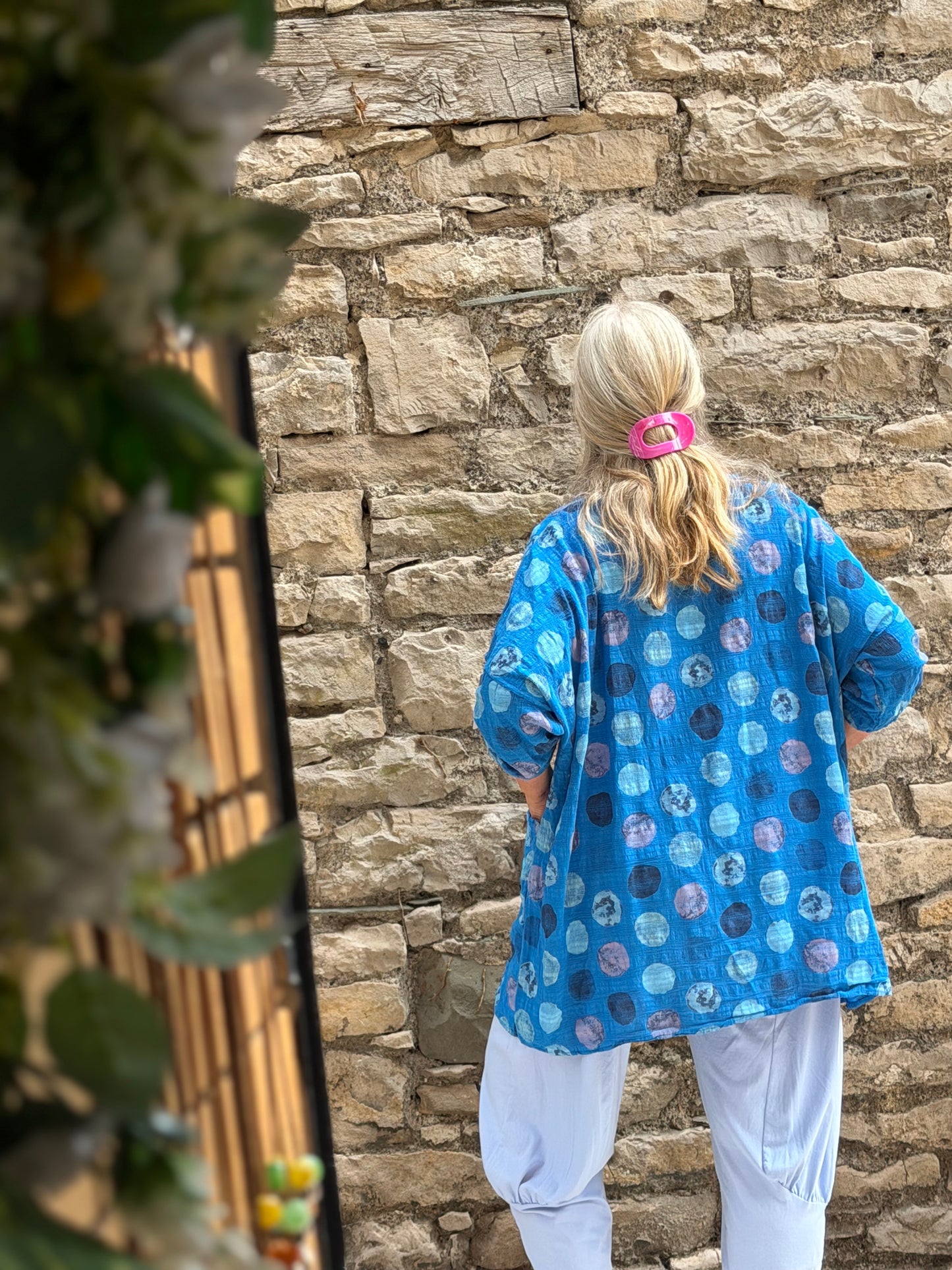 Longline spotty top One size fits 8-18 in blue