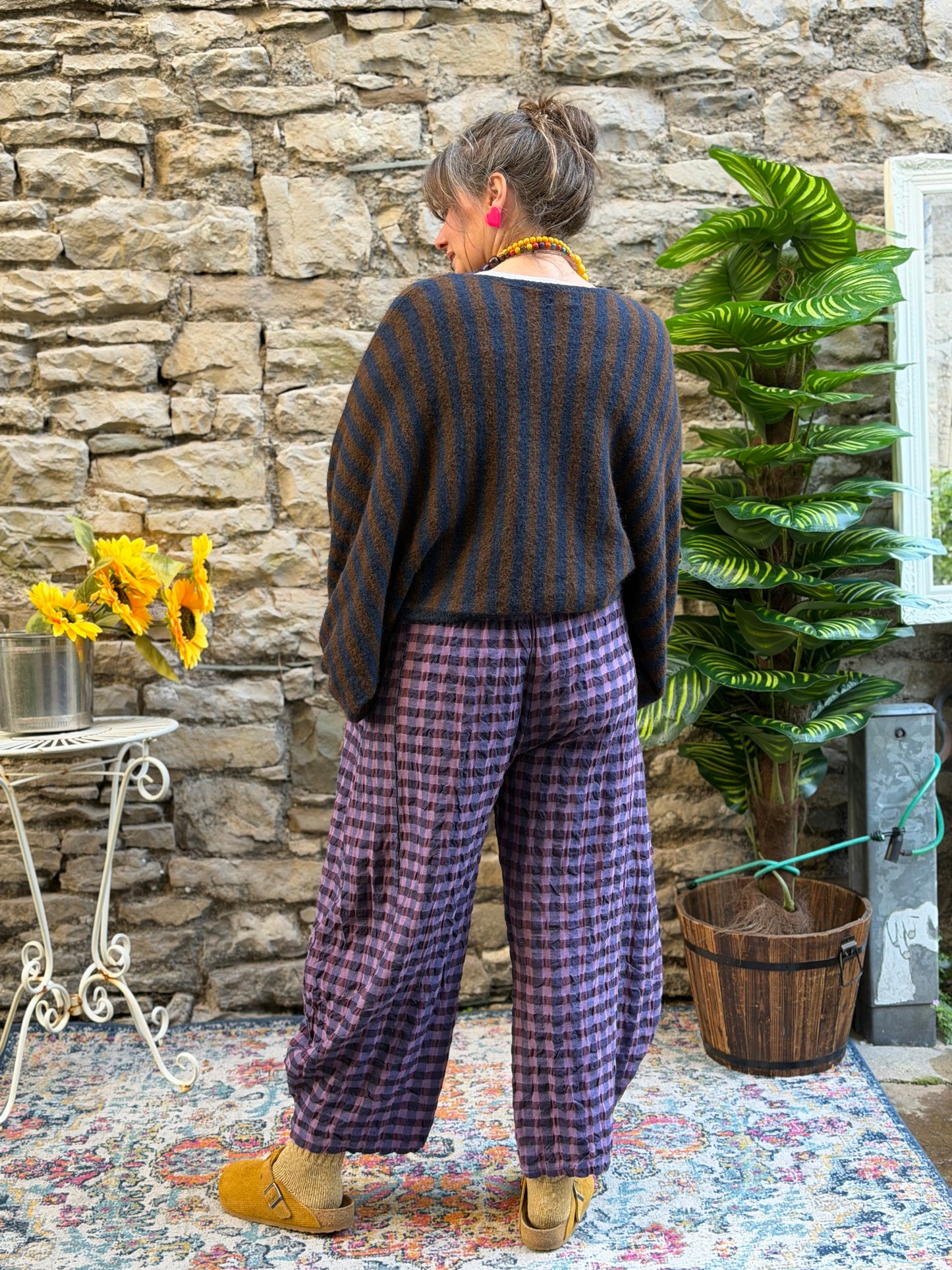 Stunning Kiwaza Striped Jumper With Puff Sleeves In Brown and Deep Blue
