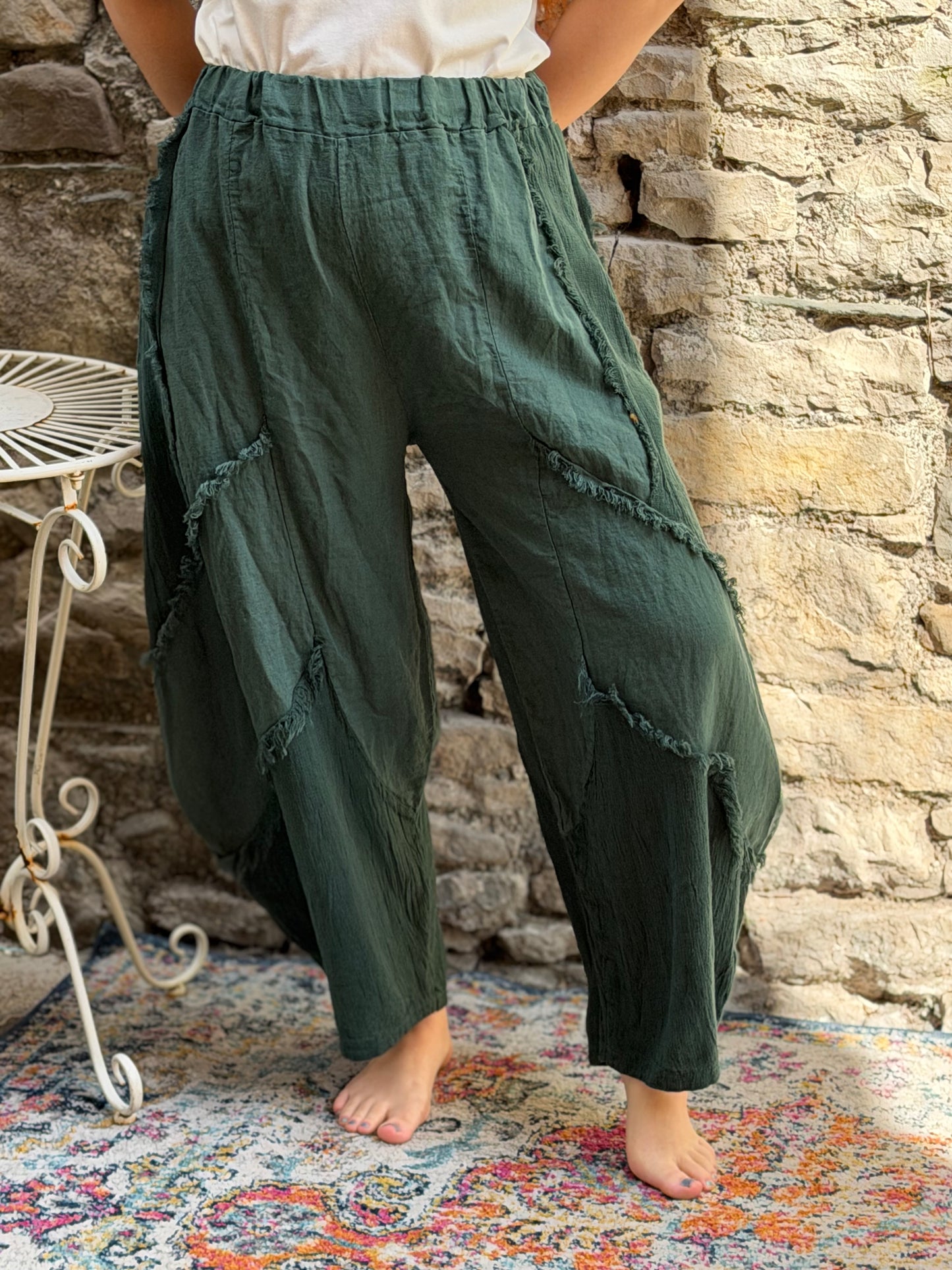 Kuiza Full linen barrel leg trousers one size fits 8-18 in bottle green