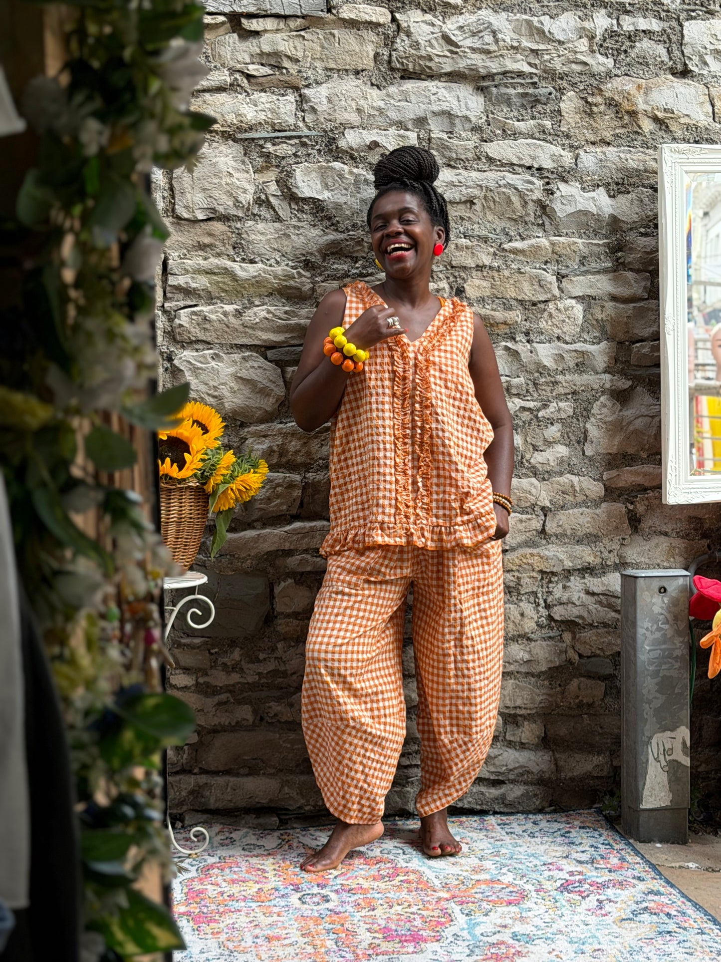 Tama Gingham Barrel Set Top And Trousers In orange One Size Fits Size 8-18