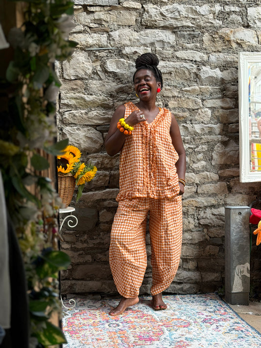 Tama Gingham Barrel Set Top And Trousers In orange One Size Fits Size 8-18