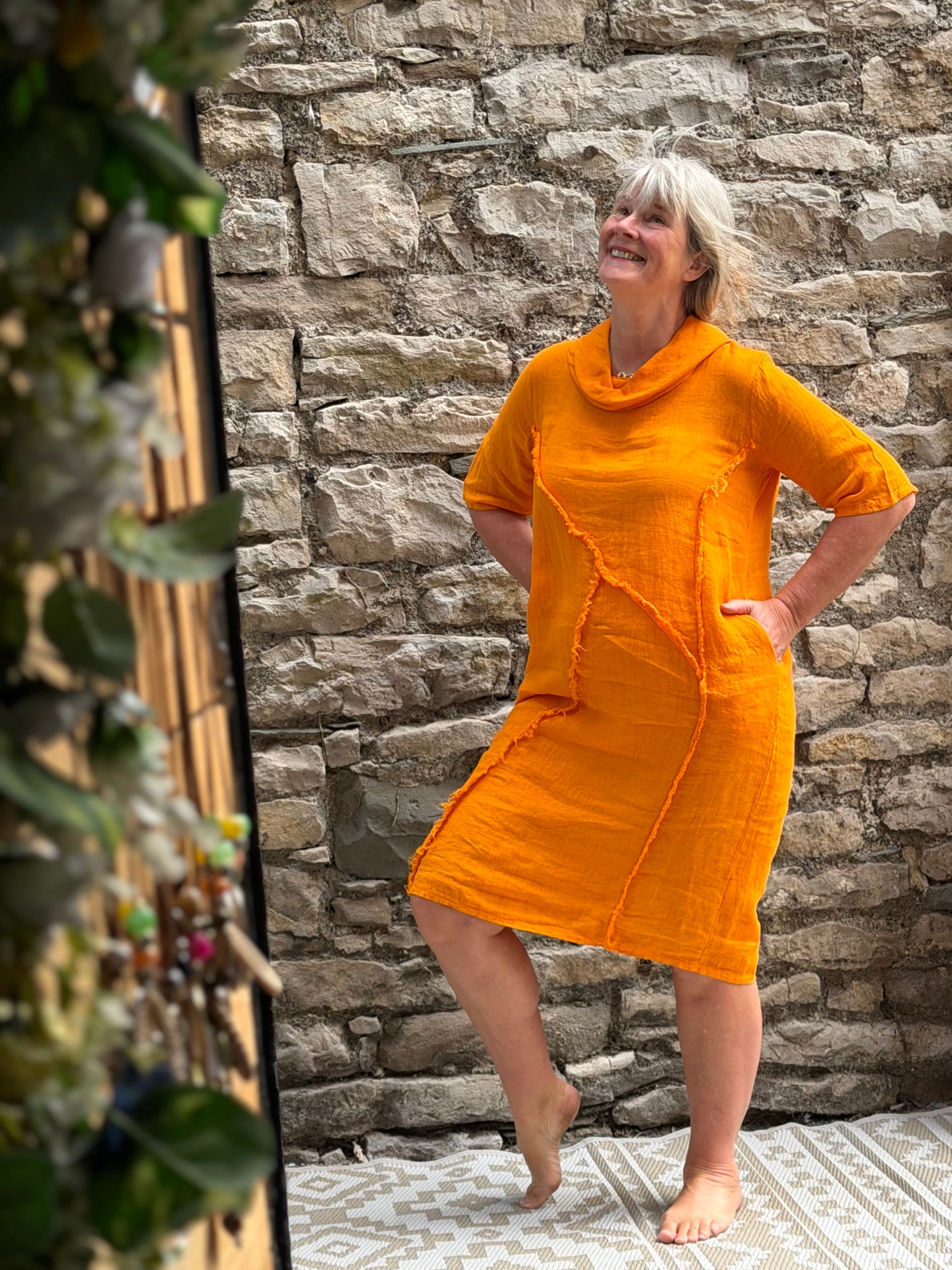 Cowl neck dress in one size fits 8-14 in orange
