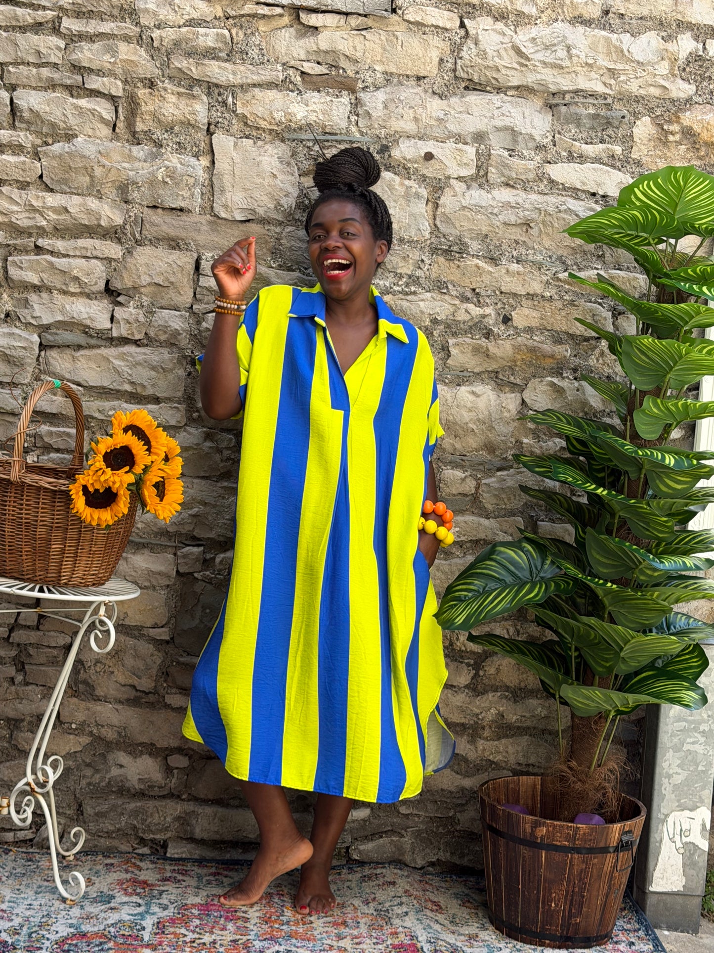 Striped shirt dress in one size fit 8-22 in neon green and blue