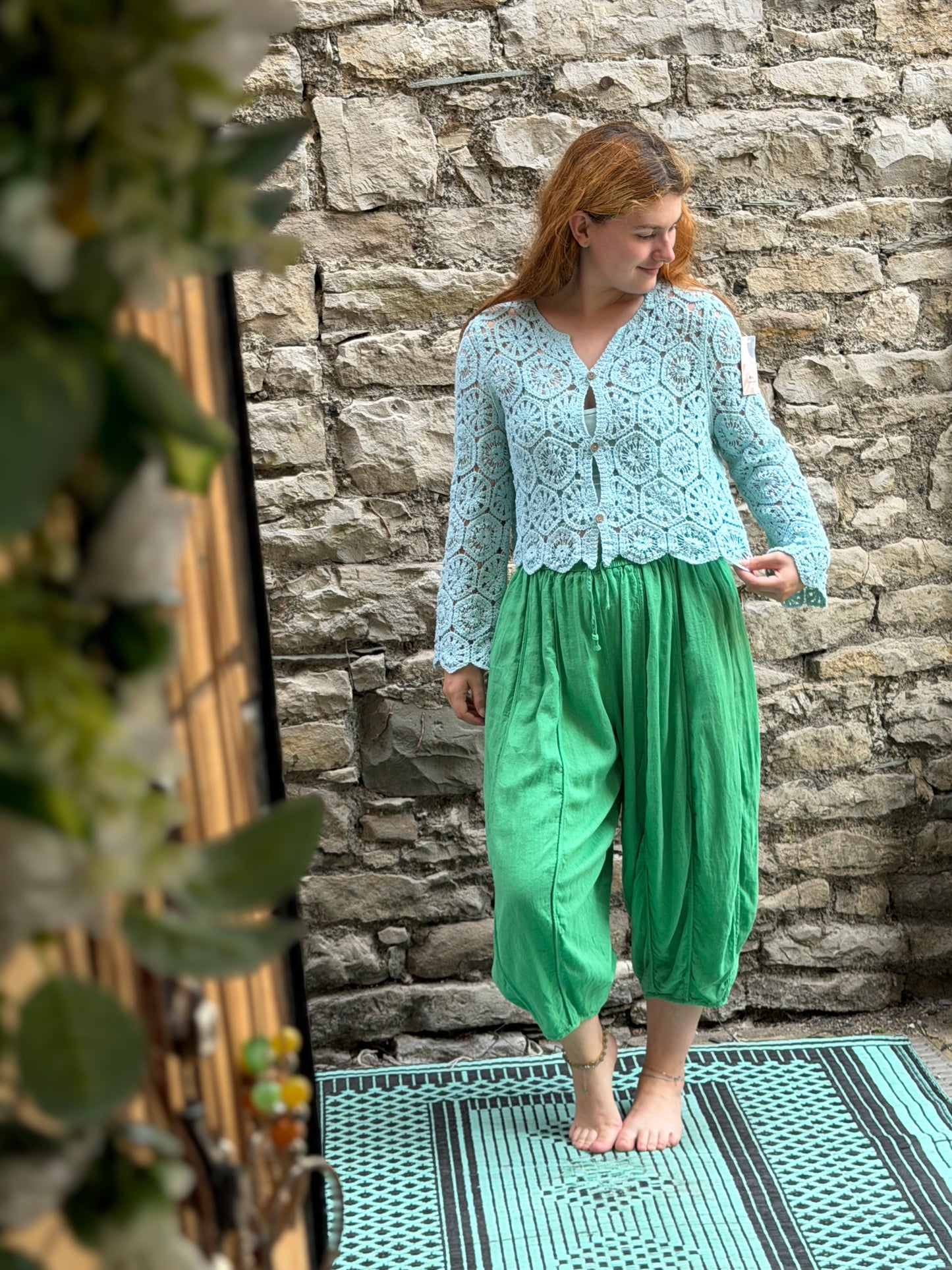 Amoki Crochet long sleeve button up top One Size Fits 6-16 in Light Mint Green/Blue