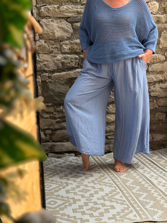 Amoki Crinkle Fully Elasticated Floaty Trousers One Fit Size 8-18 In Light blue