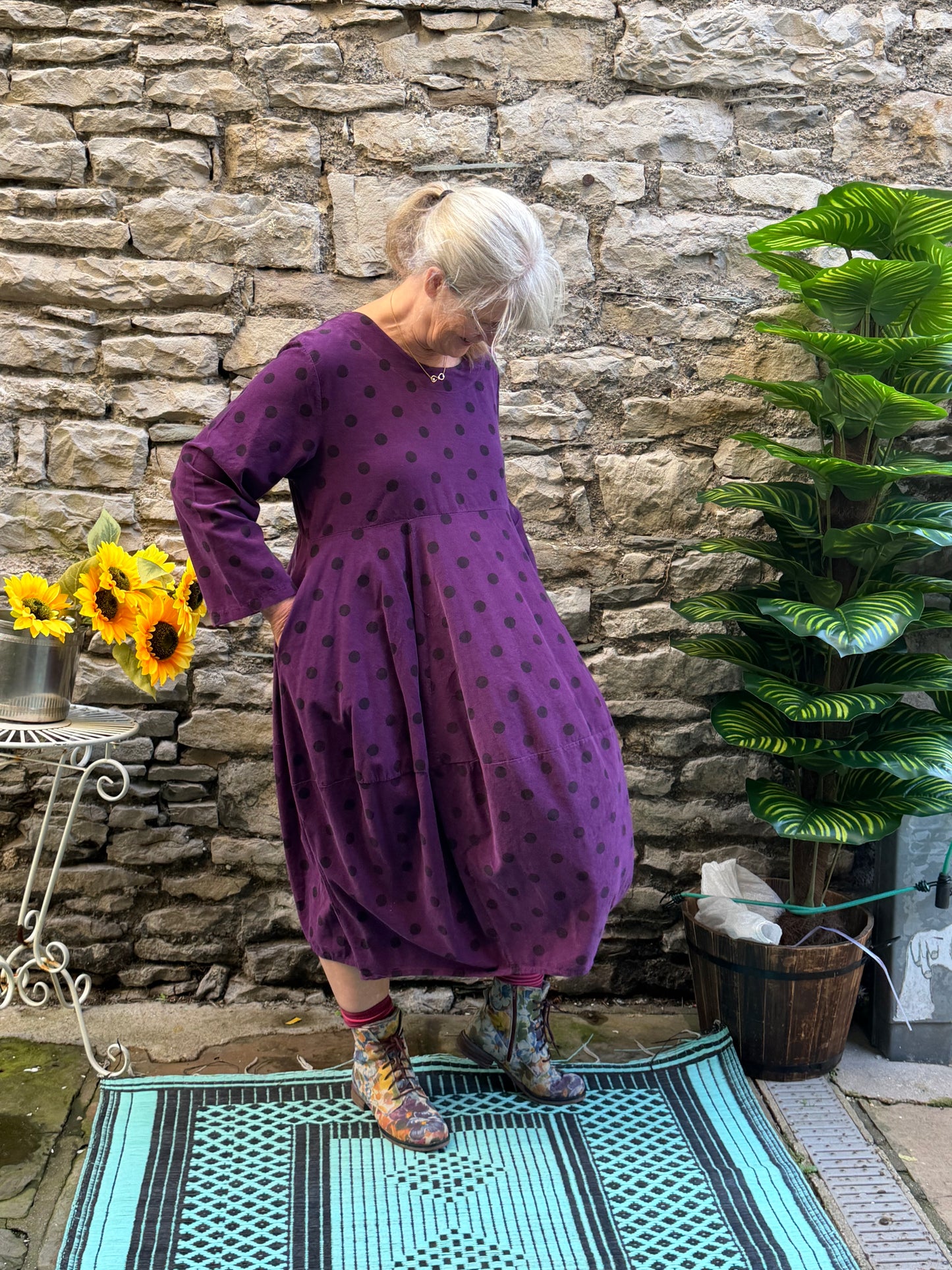 Lagenlook Stunning Purple and Black Spotty Cord Two Pockets Dress With Balloon Skirt One Size Fits Size 10-18