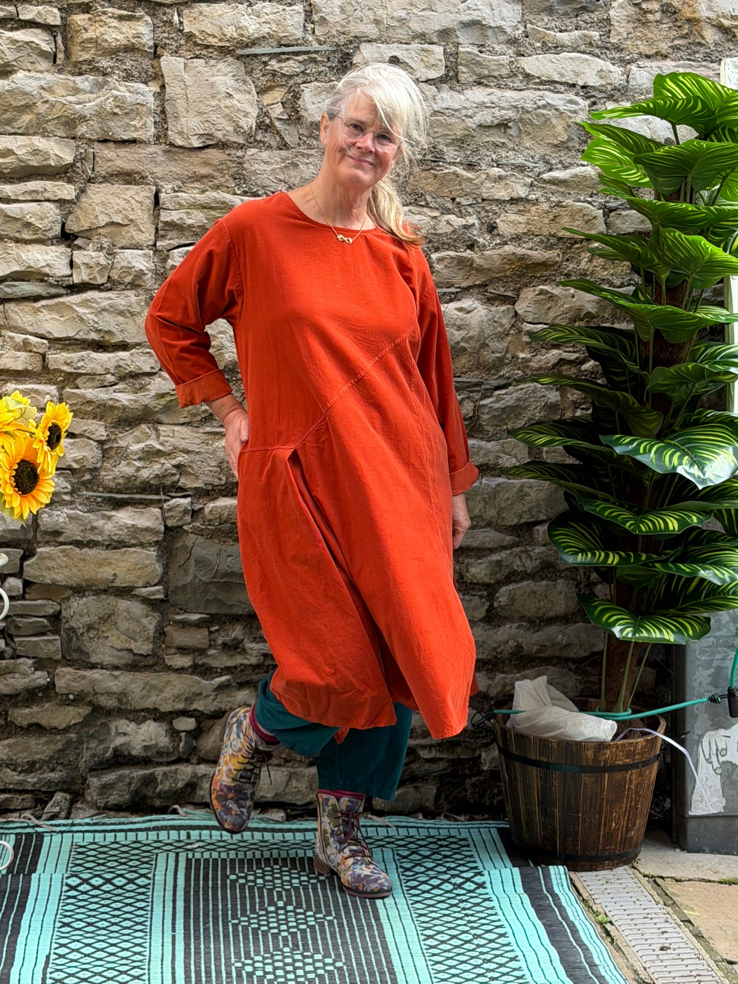 Lagenlook Stunning Orange Cord Two Pockets Dress High-Low Hemline One Size Fits Size 10-18