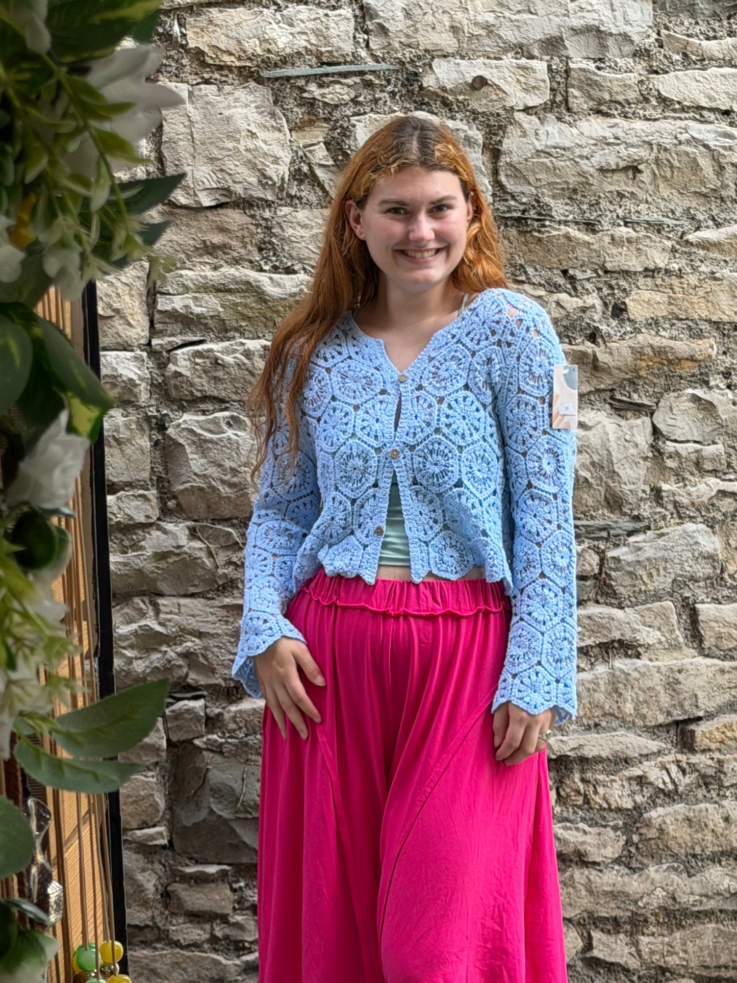 Amoki Crochet long sleeve button up top One Size Fits 6-16 in Light Blue