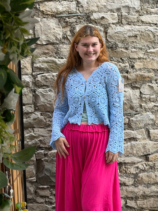 Amoki Crochet long sleeve button up top One Size Fits 6-16 in Light Blue