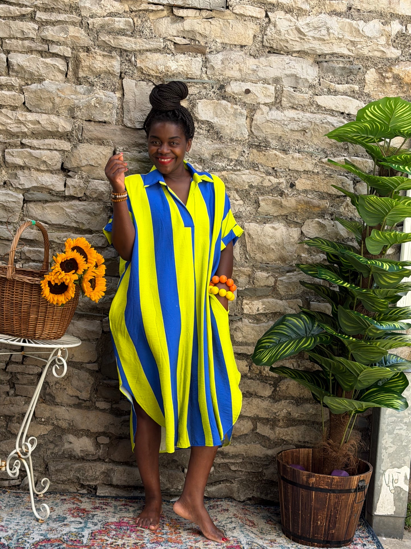 Striped shirt dress in one size fit 8-22 in neon green and blue